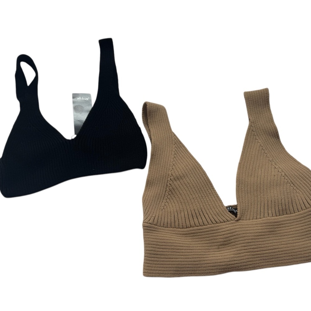 Nasty Gal Black and Tan Ribbed Bralette Set -  S